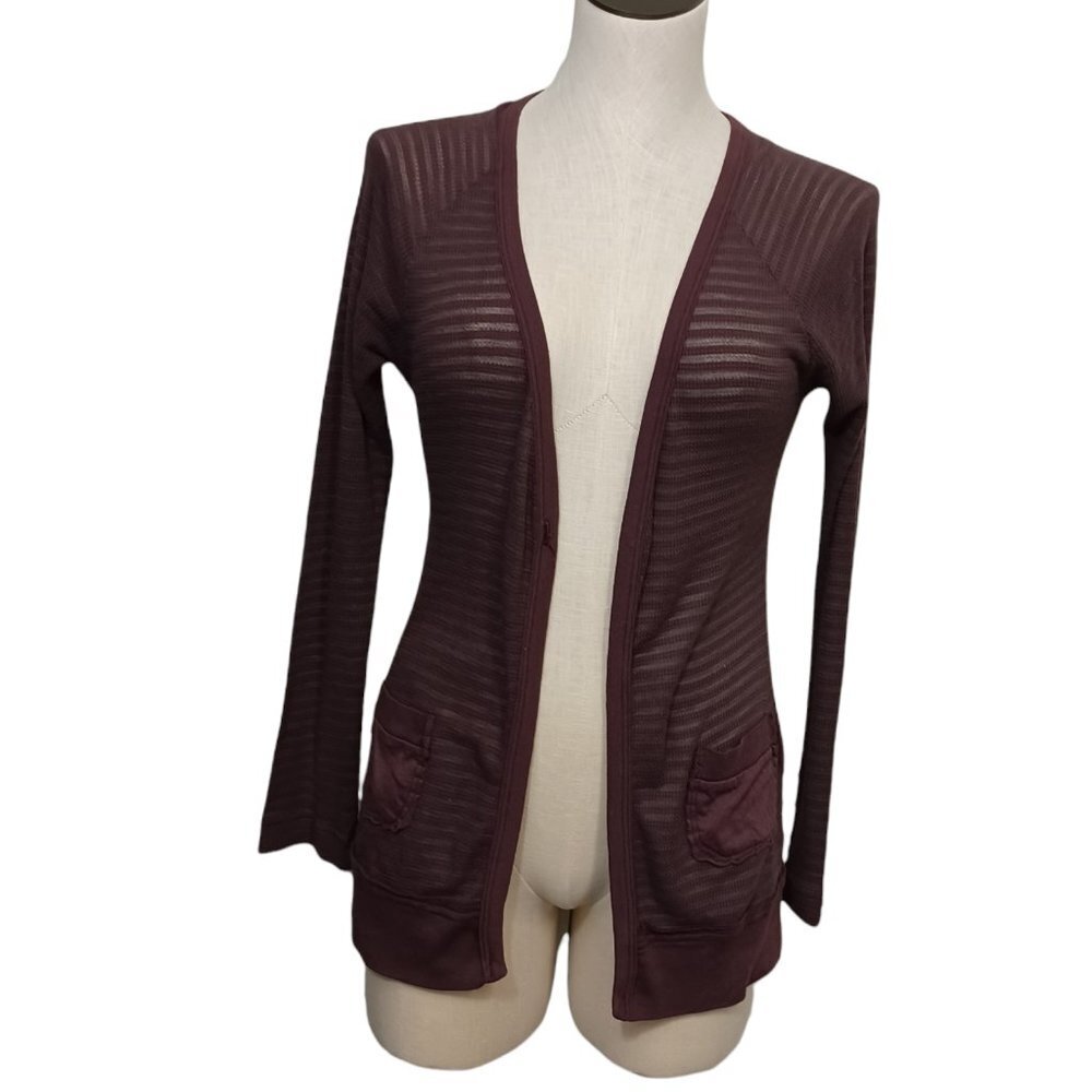 Free‎ People Womens XS Plum Burgundy Burnout Stripe Open Front Cardigan Pockets